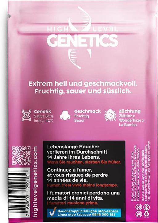 Valeurs nutritives et ingrédients High Level Genetics Zkittlez (9 g, Intérieur)