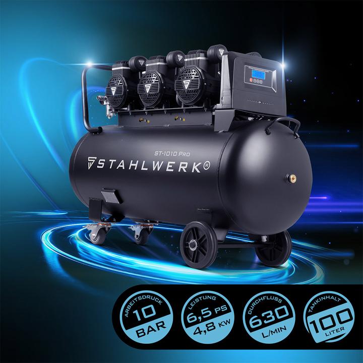 Immagine prodotto Stahlwerk Compressore ST-1010 Pro 10 bar, 6,5 hp, 4,8 kW, 630 l/min, serbatoio da 100 l (10 bar, 100 l)