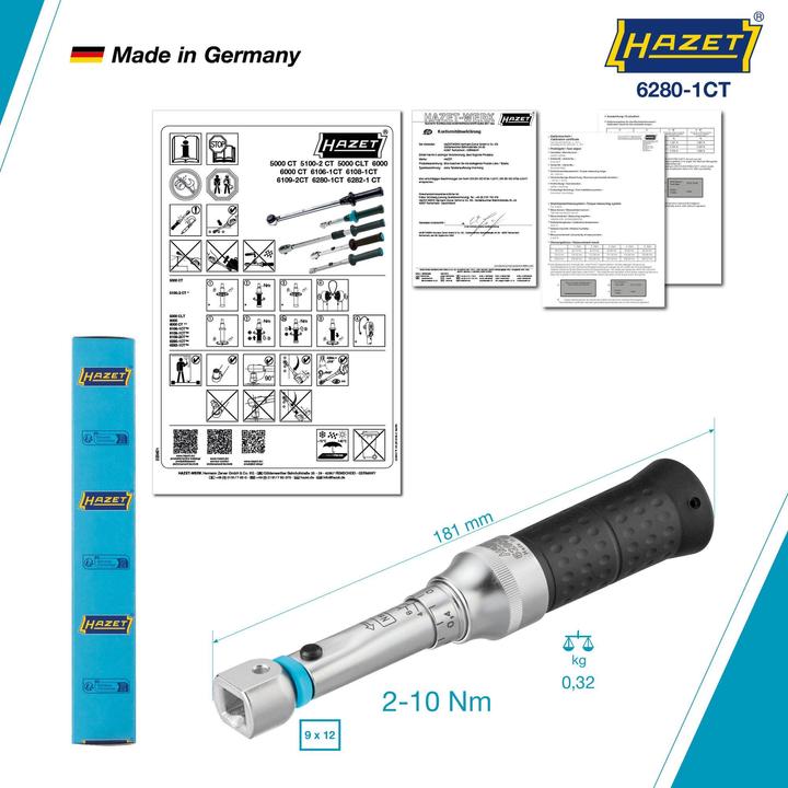 Produktbild HAZET Drehmomentschlüssel 6280-1CT ∙ Nm min-max: 2 - 10 Nm ∙ Toleranz: 2% ∙ Einsteck-Vierkant 9 x 1… (2 Nm, 10 Nm)
