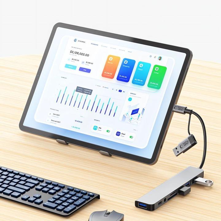 Produktbild Tech-Protect HB06 HUB Adapter 8in1 TYPE-C + USB2.0 + USB3.0 + SD/TF + AV3.5 - gray (USB-C, 8 Ports)