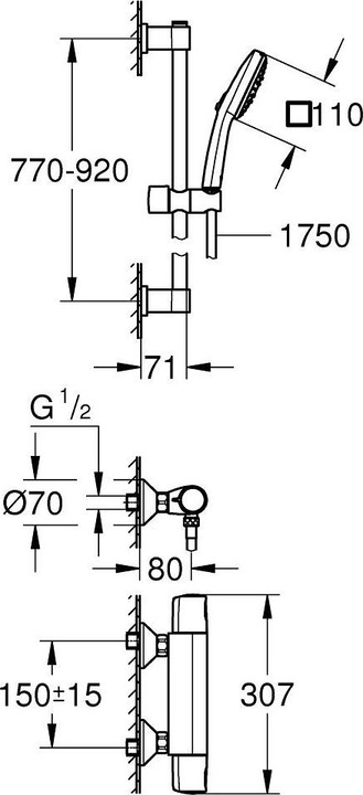 Actual product image Grohe Precision Trend QuickFix thermostatic shower mixer and Vitalio Comfort 110 shower rail set, length