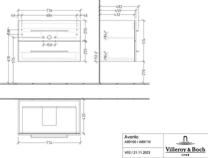 Produktbild Villeroy & Boch Avento Waschtischunterschrank A89100, 2 Auszüge, Breite 780mm (78 x 45 x 51.5 cm)