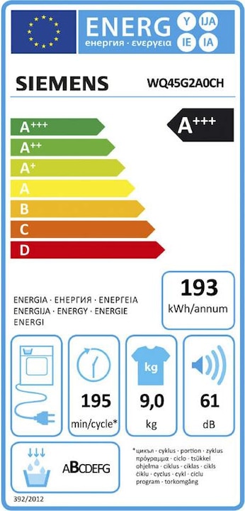 Energy Label Siemens WQ45G2A0CH & WG44G2F9CH (9 kg, Right, EU plug)