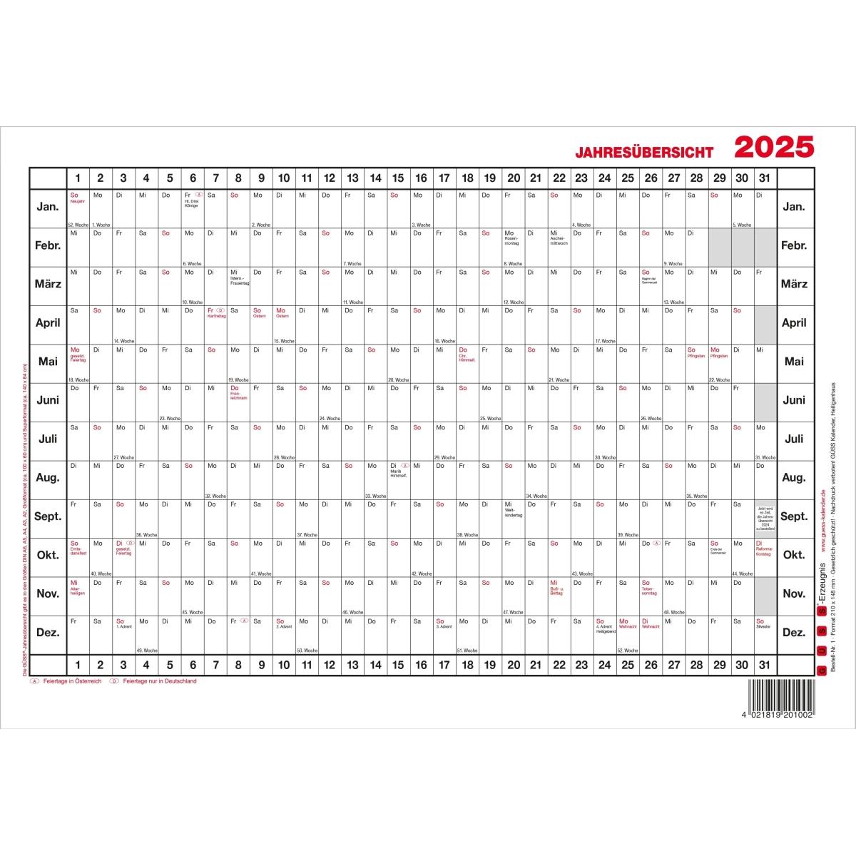 Thumbnail - Güss, Agenda, Jahresübersicht 12 Monate Kalendarium 2025 (A5)