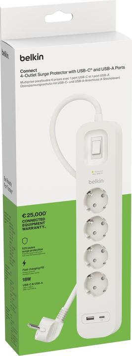 Actual product image Belkin Socket strip 4-way + USB-A+C,525J,18W,2m SRB001vf2MV2 (4x, USB-A, USB-C, 2 m)
