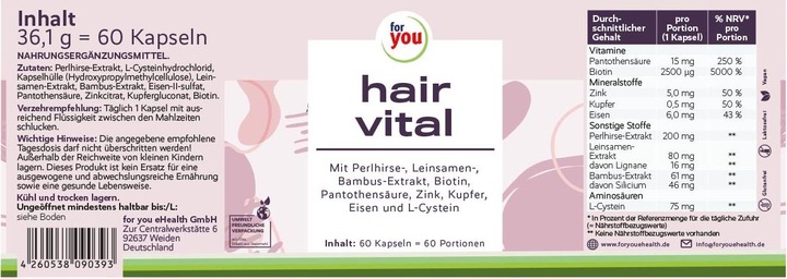 Nutritional values and ingredients For You hair vital (60 Piece, Capsules)