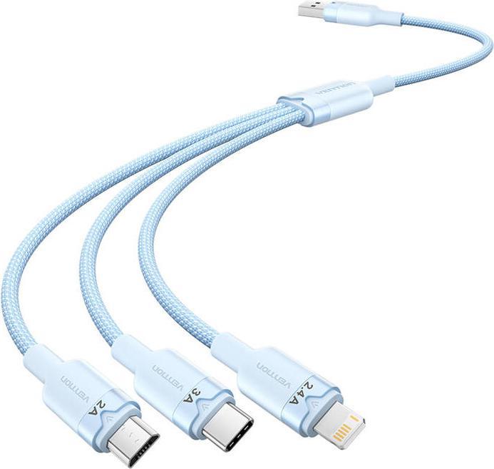Actual product image Vention USB 2.0 A to 3in1 3A cable CTPLG 1.5M (blue) (1.50 m, USB 2.0, 60 W)