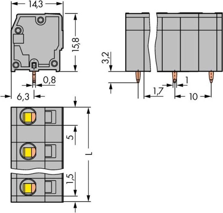 Actual product image Wago 739-3202 Terminal block 1 soldering pin/pole 2-pole grid dimension 10 mm grey