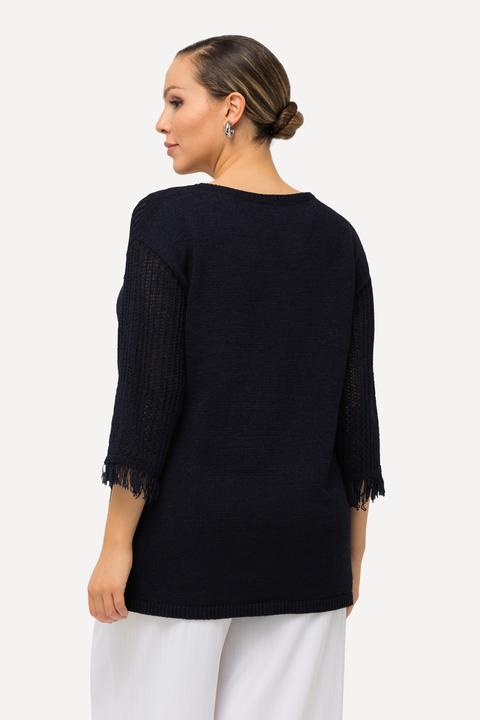 Actual product image Ulla Popken Openwork Striped Panel Fringed Cuff Sweater (54)