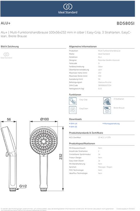 Produktbild Ideal Standard 2 Funktions-Handbrause Alu+ Durchmesser: 100mm (2 Strahlarten, 8 l/min)