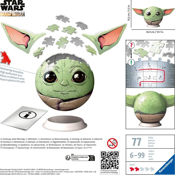 Productafbeelding Ravensburger 3D Puzzel 11556 - Puzzelbal Grogu met Oren - 72 stukjes - Star Wars Puzzelbal (72 onderdelen)