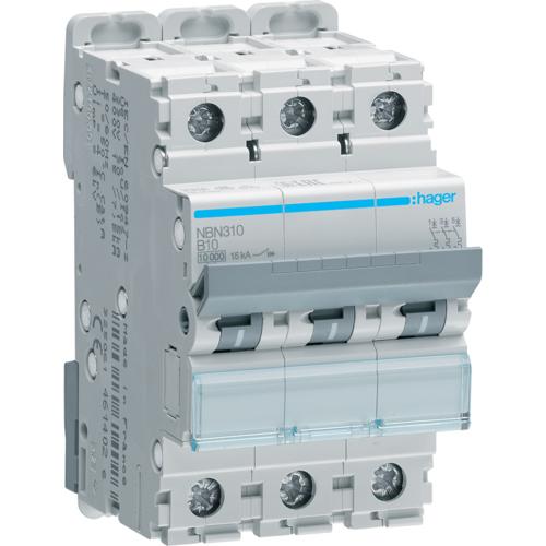 Hager , Interruttore Differenziale, Hag Nbn310 Interruttore Automatico 3P B 10A 10Ka 3M 3Ple 83X52,5X70mm