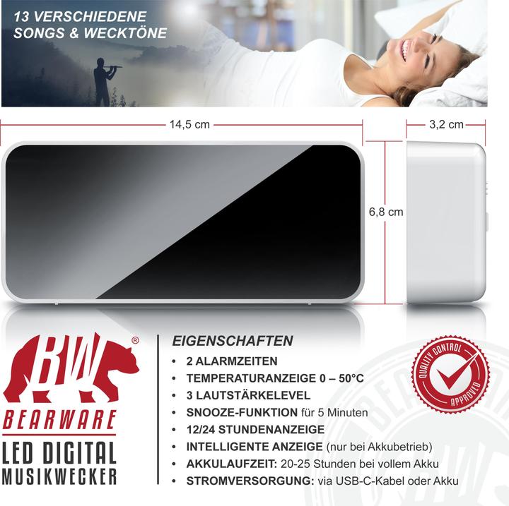 Produktbild Bearware Digitaler Musik Wecker, 13 Songs & Wecktöne, grosses 5,5" Display, Akkubetrieb, Memoryfunktion weiss