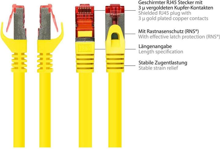 Produktbild Good Connections RNS® Patchkabel mit Rastnasenschutz, Cat. 6, S/FTP, PiMF, PVC, 250MHz, gelb, 10m (S/FTP, CAT6, 10 m)