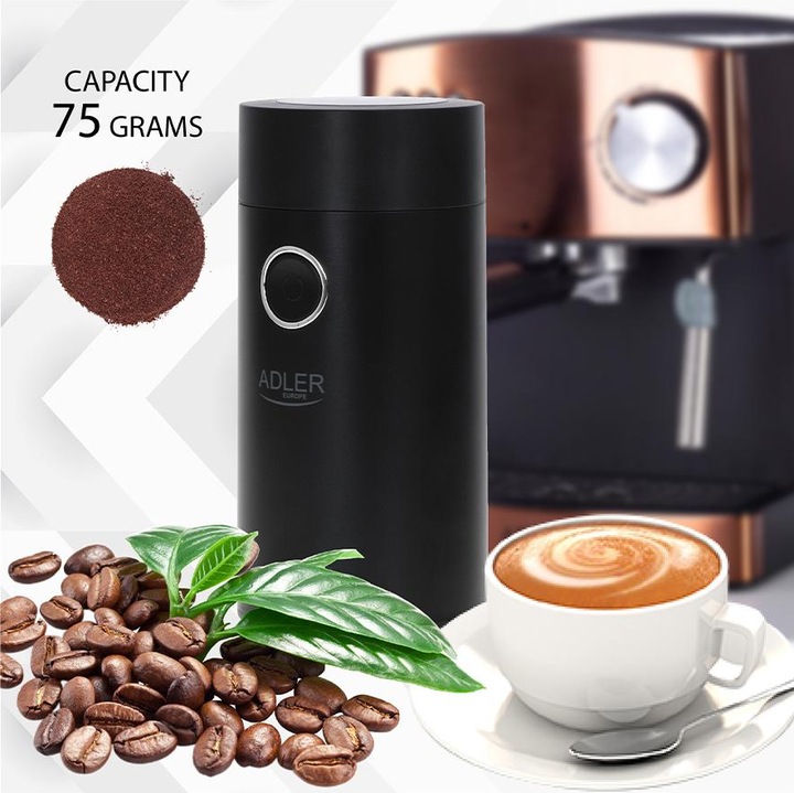 Immagine prodotto Adler Macinacaffè AD4446bs 150 W, Capacità chicchi di caffè 75 g, Interruttore di sicurezza del (Spina CH)
