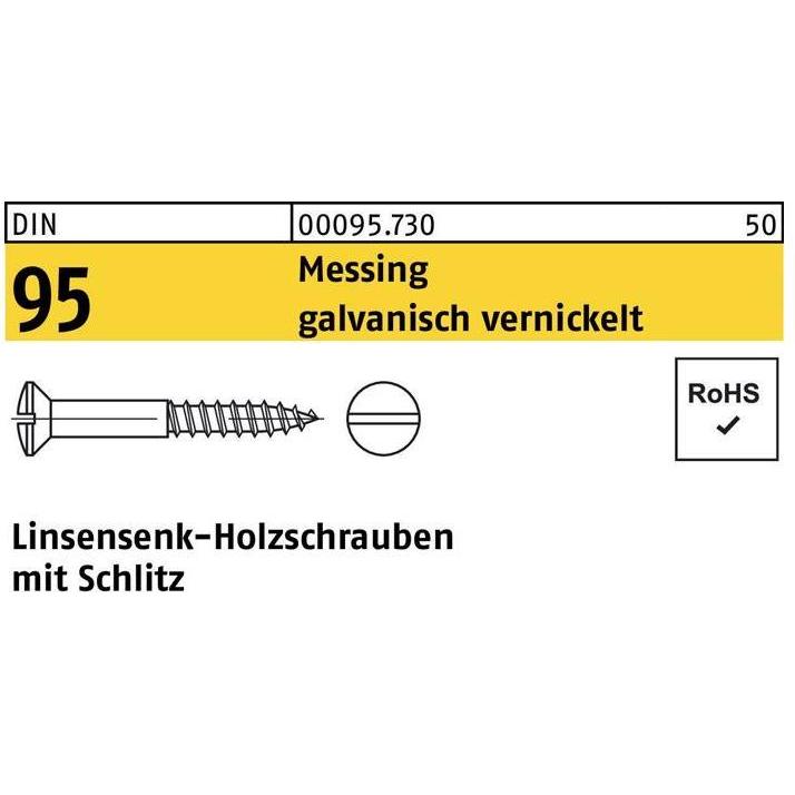 Schrauben, Holzschraube DIN 95 Linsensenkkopf Schlitz 2 x 10 Messing galvanisch vernickelt (500 Schrauben pro Stück)