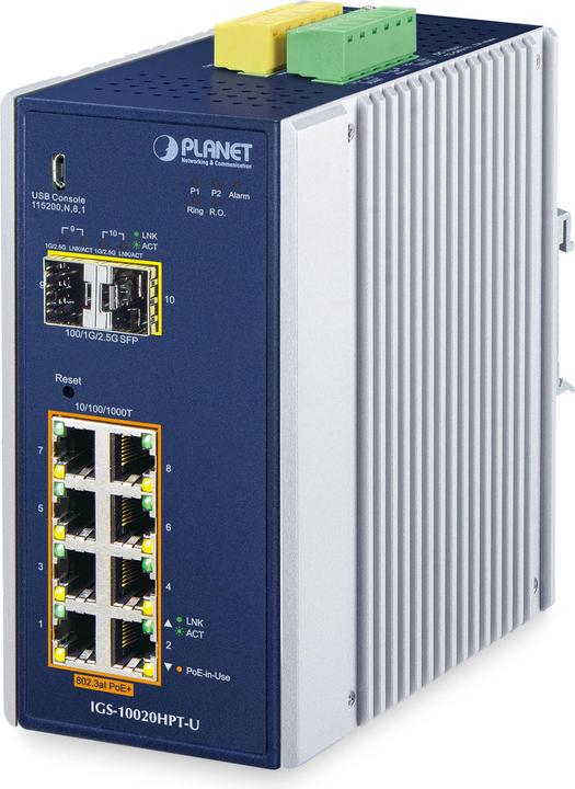 Immagine prodotto Planet SFP industriale a 8 porte GE PoE+ e 2 porte IGS-10020HPT-U (8 porte)