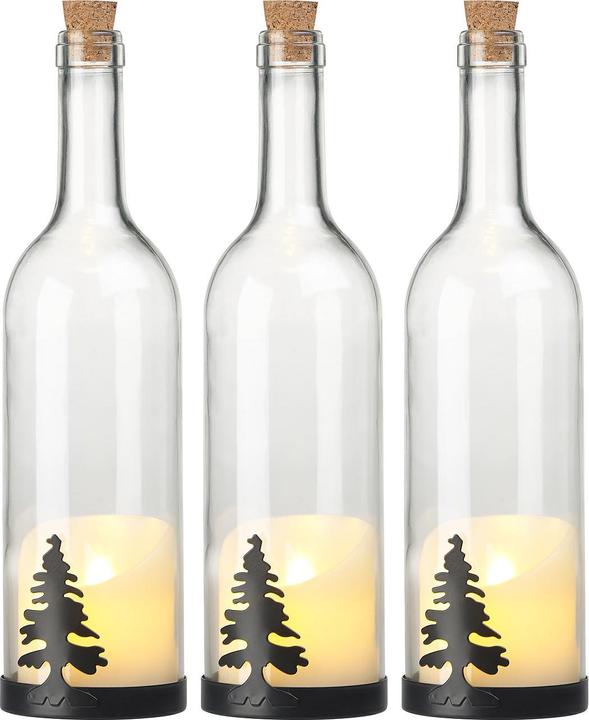 Lunartec 3er-Set Deko-Glasflasche mit LED-Kerze & beweglicher Flamme