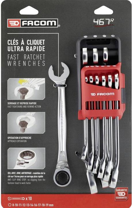 Facom Ratchet ring open-end wrench set (10 mm, 11 mm, 12 mm, 13 mm, 14 mm, 16 mm, 17 mm, 18 mm, 19 mm, 8 mm)
