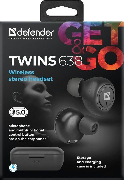 Actual product image Defender Twins 638 Headphones Wireless In Ear Calls/Music Bluetooth Black (2 h, Wireless)