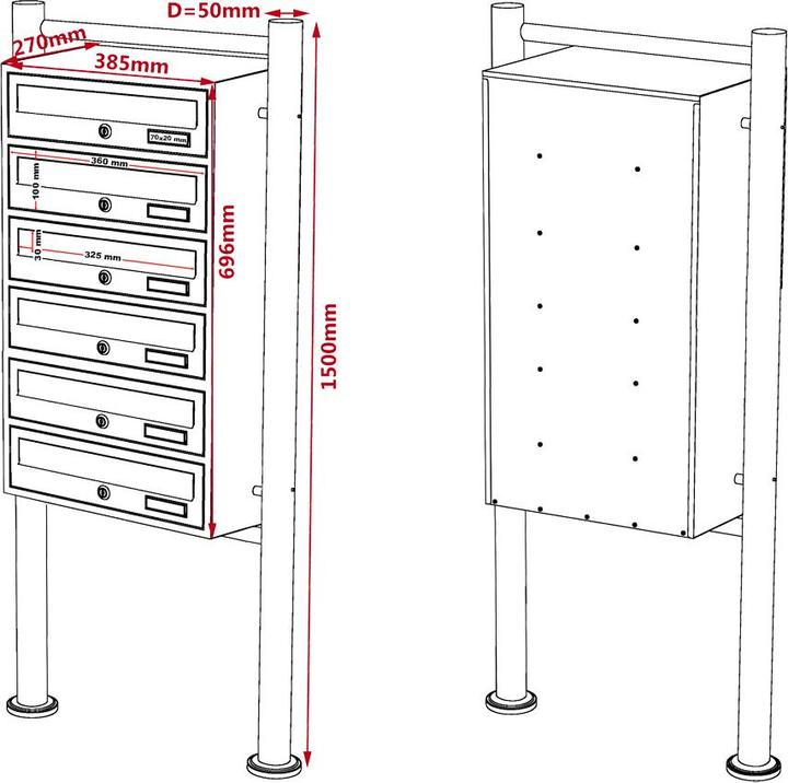 Actual product image Wiltec 6 letterbox system white 270x513x1500mm Standing letterbox Letterbox