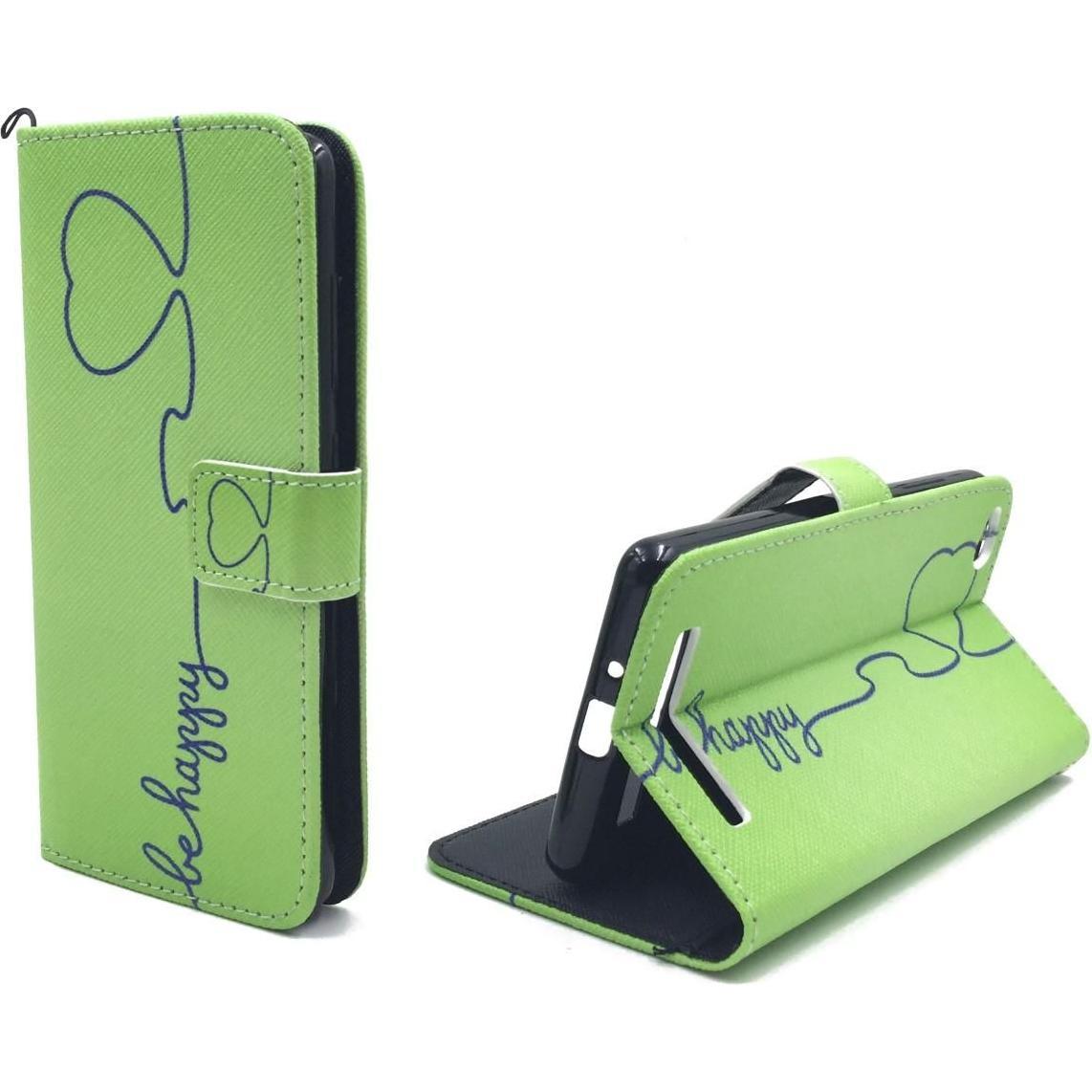 Thumbnail - König Design Schutz Hülle für Xiaomi Redmi 3 Be Happy Grün Tasche Case Wallet + 1 Panzer Schutz Glas (Xiaomi Redmi 3), S...