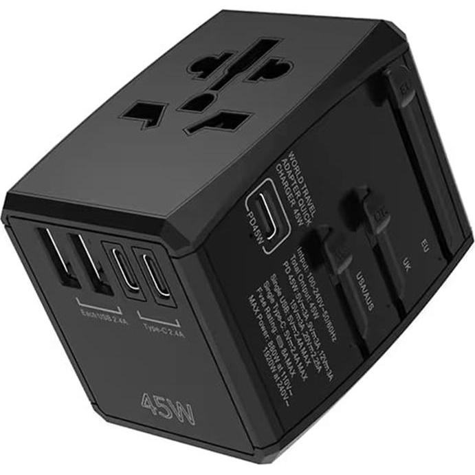 Techsuit, Adattatore da viaggio, - Travel Adapter (HHT905) - PD45W, 2 x USB, 3 x Type-C, EU, UK, AUS, US - Black