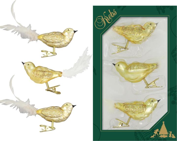 Produktbild Krebs Glas Lauscha Gold Vögel auf Clip - 3er Set - Christbaumschmuck (3x)