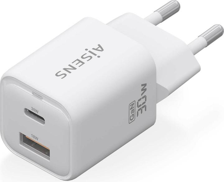 Actual product image Aisens Gan 30W Charger, 1xUSB-C PD3.0 QC4.0, 1xUSB-A QC3.0, White (30 W, 1 portion)