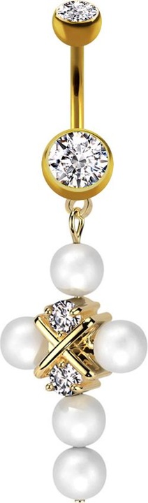 Immagine prodotto Star Piercing Banane vergoldet mit zwei Kugeln vergoldet Kristall silber Anhänger Perlenkreuz (Ottone, Acciaio chirurgico 316L)