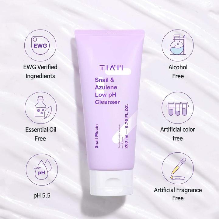 Image du produit Tia'm TIAM Snail & Azulene Nettoyant à faible pH (Lingettes nettoyantes pour le visage, 200 ml)