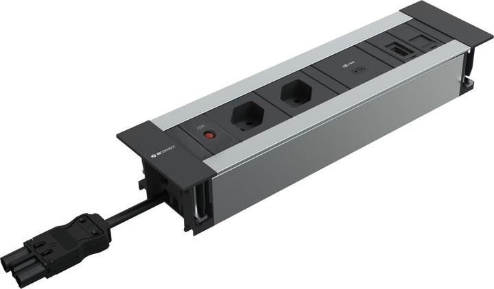 Actual product image IB Connect INTRO2.0 sockets. anodised. 2x type 13 1x USB-C 60W 1x RJ45 1x HDMI (3x, HDMI, RJ45, Type 13, USB-C)