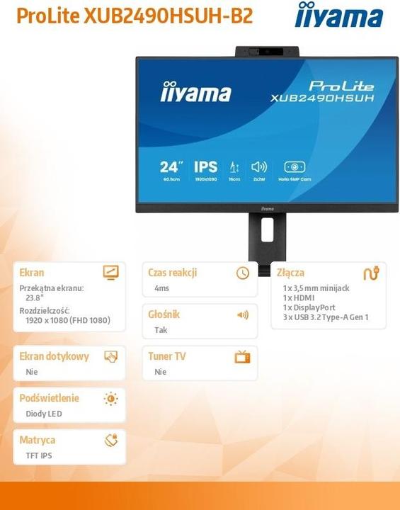 Image du produit iiyama 60.5cm (23,8") XUB2490HSUH-B2 16:9 HDMI+DP WebCam (1920 x 1080 pixels, 23.80")