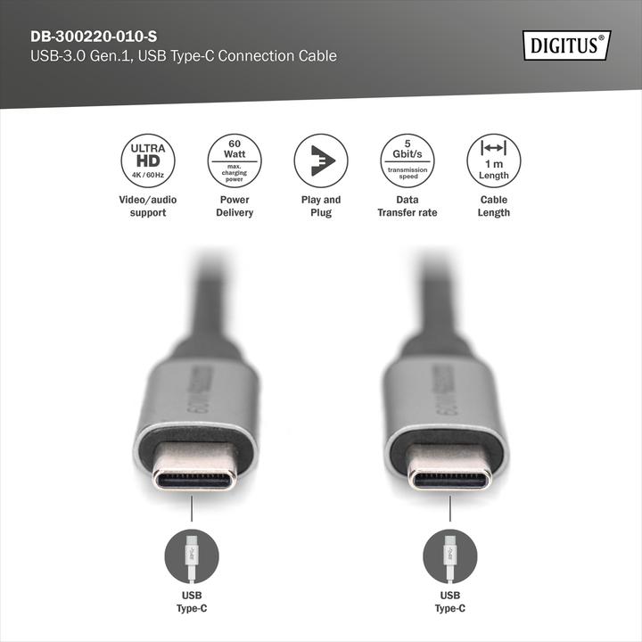 Produktbild Digitus USB-3.0 Gen.1, USB Type -C Anschlusskabel (1 m, USB 3.2 Gen 1, 60 W)