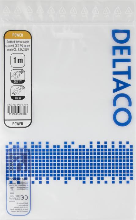 Produktbild Deltaco Device Cable, straight CEE 7/7 - left angle IEC C5, 1,0m (1 m)