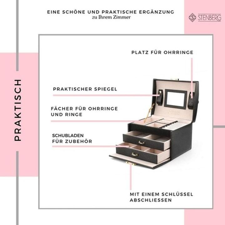 Image du produit Stenberg Boîte à bijoux noire avec 2 tiroirs et miroir - rangement verrouillable pour bagues, bracelets et