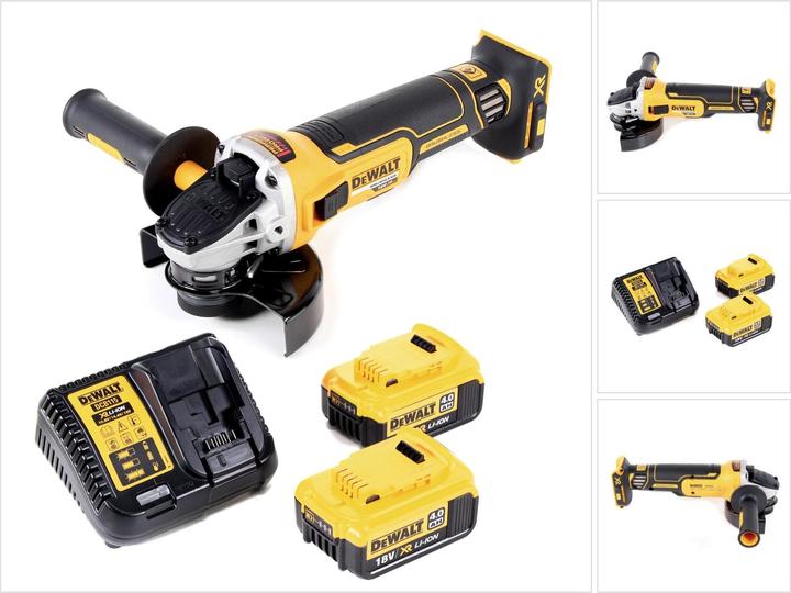 1x DeWalt DCG 405 N 18 V Li-Ion cordless angle grinder brushless 125 mm, 1x additional handle, 1x quick-release nut, 1x protective cover, 2x DeWalt DCB 182 18 V 4.0 Ah Li-Ion battery, 1x DeWalt charger for Li-Ion batteries DCB 113