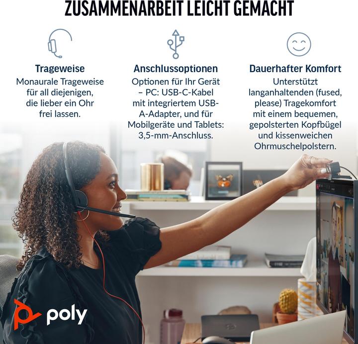 Immagine prodotto Poly Blackwire 3315 Cuffia USB-C monoaurale certificata Microsoft Teams +3,5 mm + adattatore USB-C/A (Cablato, USB-C, Team Microsoft)