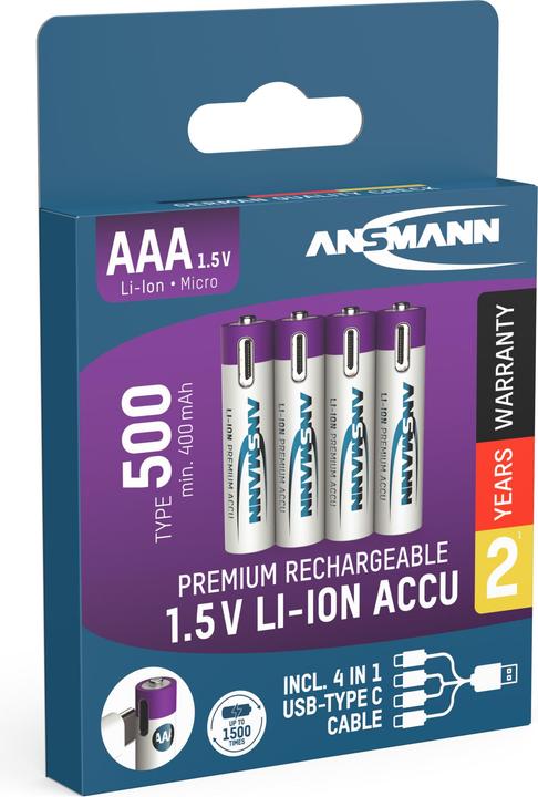Image du produit Ansmann LR03 Pile USB-C Micro (AAA) Li-Ion 500 mAh 1.5 V 4 pcs. (4 pcs, AAA, 400 mAh)