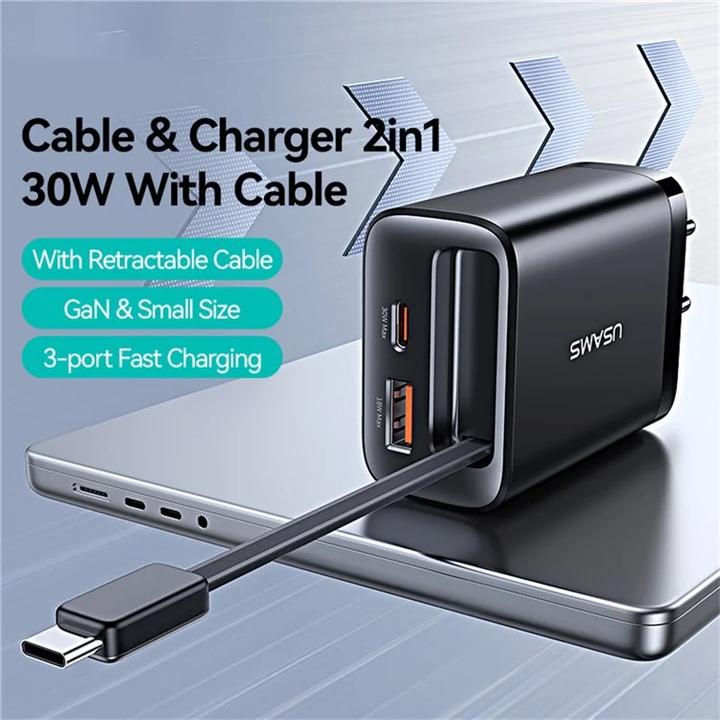 Image du produit Usams CC296 30W Fast Charger With Retractable Type-C Cable (EU) - Xiang Series White (30 W, 2 ports)