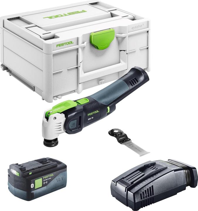 Bi, 32, 1x Festool VECTURO OSC 18 cordless oscillating saw, 1x Festool universal saw blade USB 78, OSC (203337), 1x Festool Systainer SYS3 M 187 (204842), 1x Festool BP 18 Li 5.0 ASI battery 18 V 5.0 Ah (577660), 1x Festool SCA 16 quick charger 10.8 V - 18 V 16 A (576953)