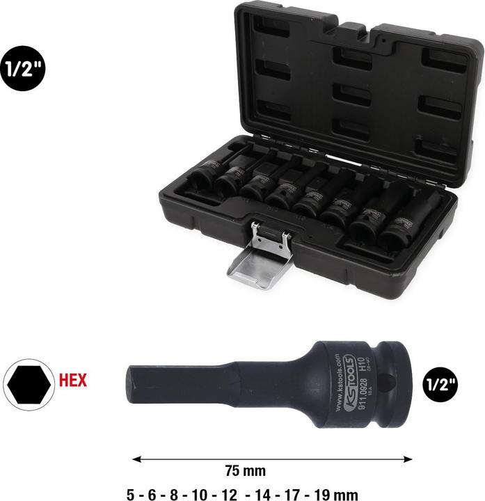 Produktbild KS Tools 1/2″ Kraft-Bit-Stecknuss-Satz, lang, 8-tlg