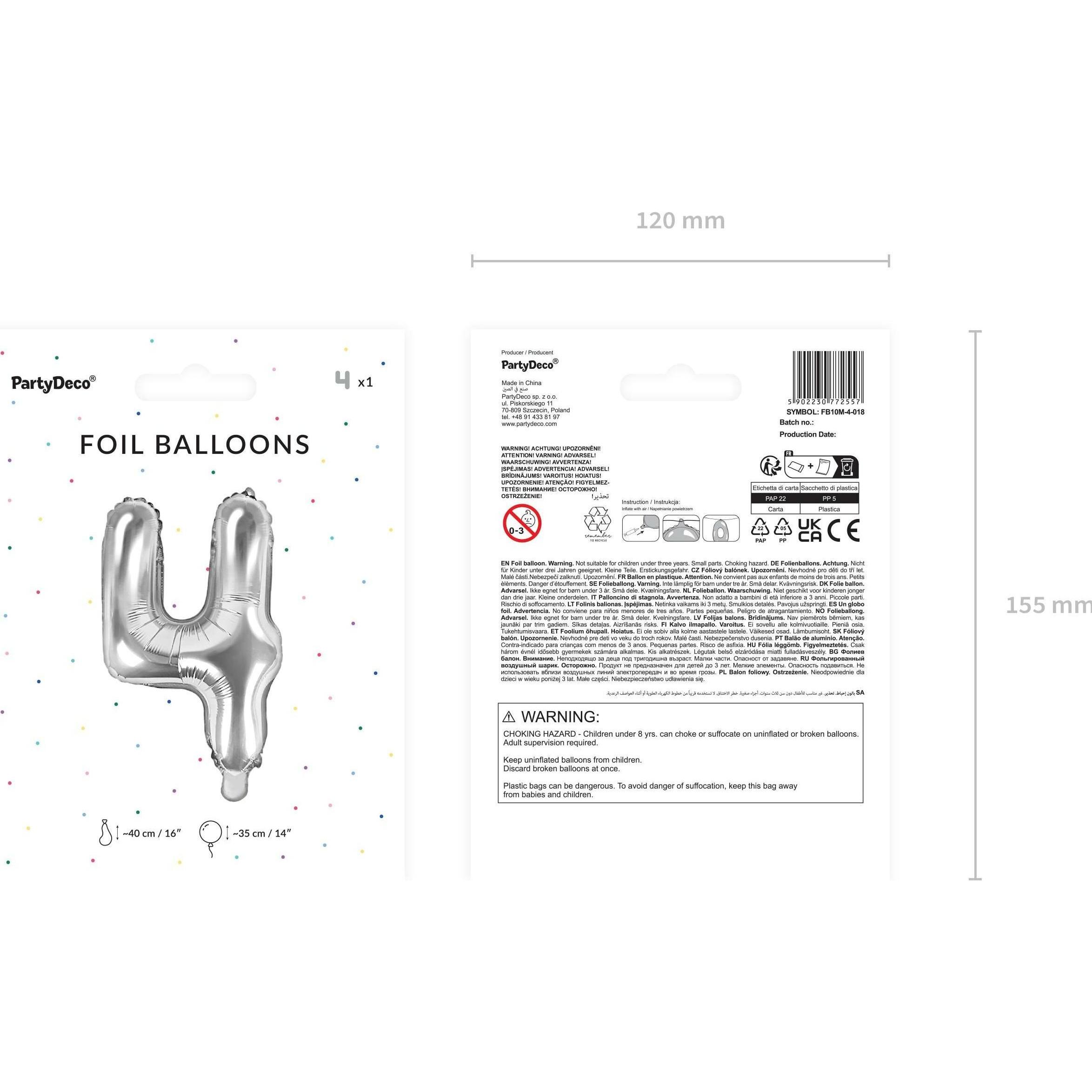 Thumbnail - Partydeco Zahlenballon Folie 4 Silber 35-40 cm