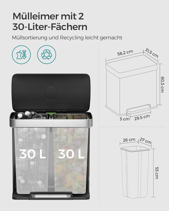 Produktbild Songmics Softclose Mülltrennsystem 2 x 30 Liter (60 l)
