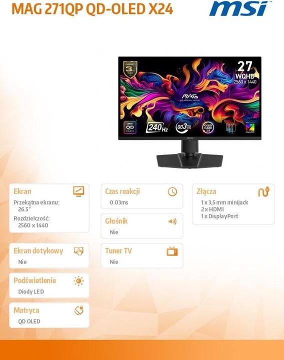 Actual product image MSI MAG 271QP QD-OLED X24 (2560 x 1440 pixels, 26.50")