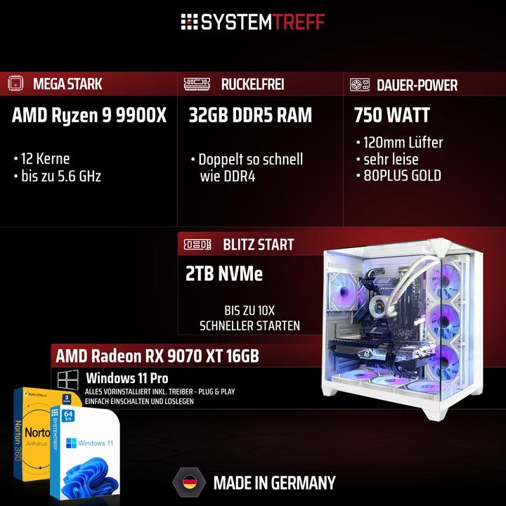 Produktbild SYSTEMTREFF Gaming PC G255850 (2000 GB, 32 GB, AMD Ryzen 9 9900X, Radeon RX 9070 XT)