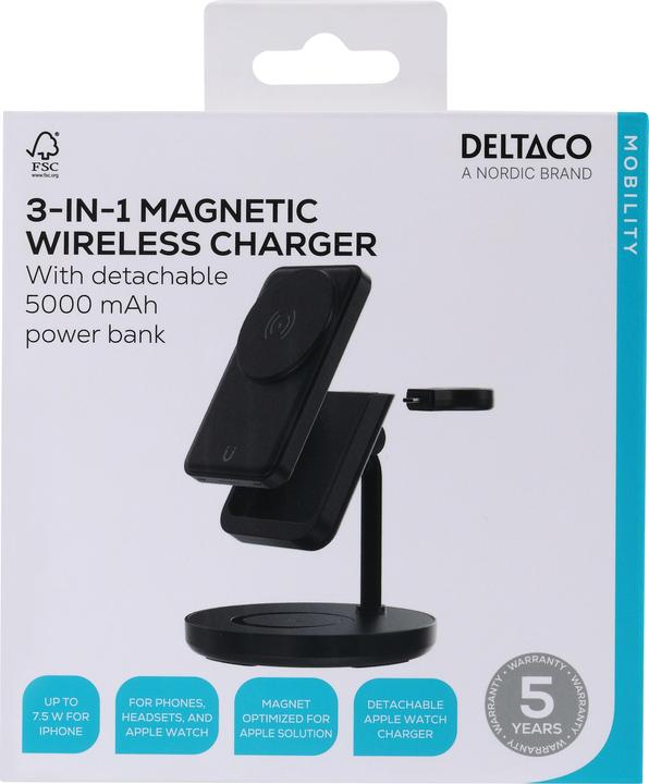 Productafbeelding Deltaco Magnetinis belaidis įkroviklis 3in1, nuimama išorinė baterija, skirtas iPhone/Apple (18 W)
