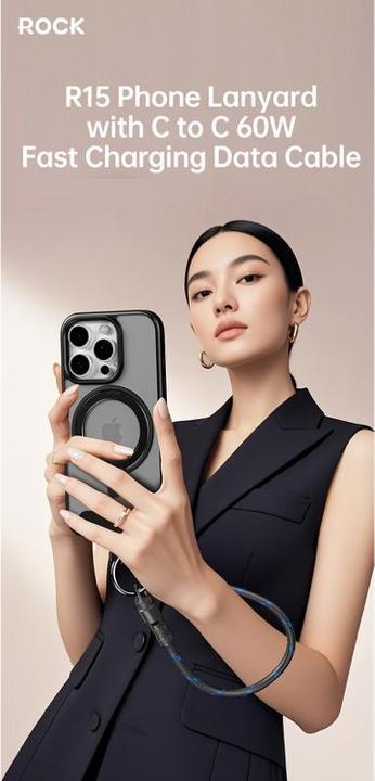 Produktbild Rock R15 Handy-Lanyard mit Ladefunktion – USB-C zu Lightning 27W / C zu C 60W, 30 cm, schwarz (0.30 m)