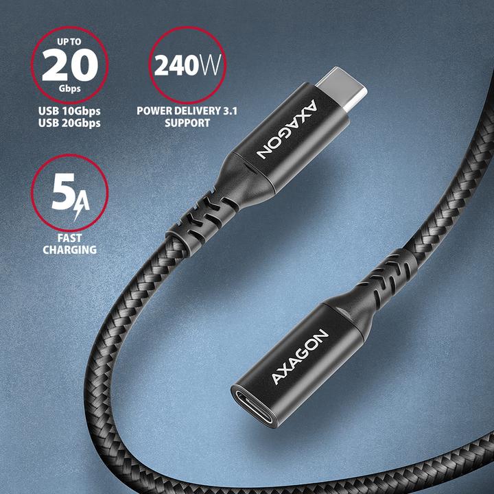 Actual product image Axagon BUCM32-CF10AB Kabelis Extension Cable Gen2 USB-C - USB-C, 1 m, 5 A, 20 Gbit (1 m, USB 3.2 Gen 2x2, 240 W)