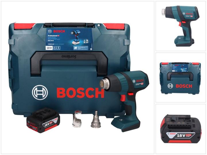 1x Bosch GHG 18V-50 Professional Souffleur d'air chaud sans fil - 1x Buse réflectrice, 32 x 33 mm - 1x Buse de réduction, 9 mm - 1x Bosch GBA 18 V 5,0 Ah Batterie - 1x Bosch L-Boxx - sans chargeur